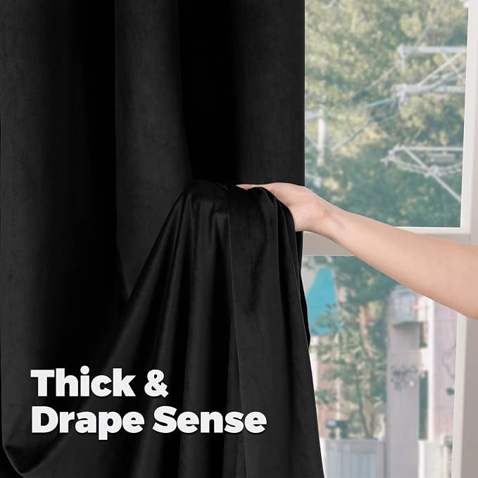 BGment 63 Inch Black Velvet Curtains for Bedroom, Halloween Blackout Curtains Thick Super Soft Thermal Insulated Back Tab and Rod Pocket Window Treatment Panels for Kitchen, 2 Panels, 42 x 63 Inch
