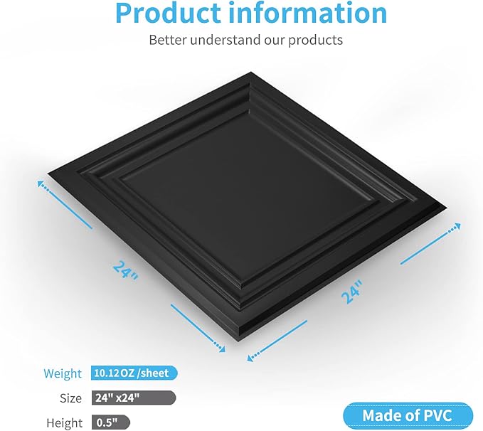 Art3d PVC Ceiling Tiles 2x2 ft 24-Pack (Covers 96 Sq.ft) - Paintable 3D Design, Water & Corrosion Resistant, Easy Install for Drop Ceiling & Flat Substrates, Home & Commercial Decor, Black