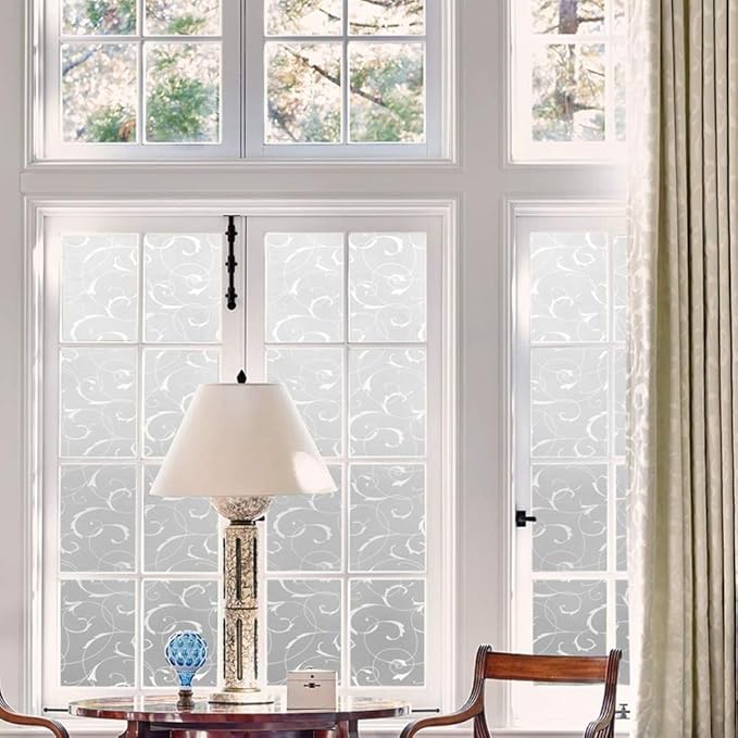 LEMON CLOUD Window Privacy Film, No-Adhesive Static Decorative Window Film, Frosted Stained Glass Window Cling Vine Design (17.5 x 78.7 Inch, White Leaf)