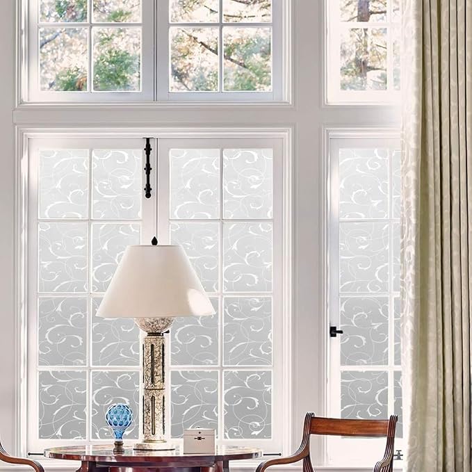 Lemon Cloud Frosted Window Privacy Film, Non-Adhesive Static Cling Decorative Window Stickers,Anti-UV Stained Glass Window Tint for Home Kitchen Bathroom Front Door, Vine-Patterned, 23.6" x 157.4"