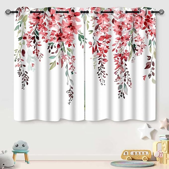 Red Watercolor Floral Curtains, 52x63 inch, 2 Panels | Botanical Leaves Vine Flowers, Rustic Farmhouse Style, Blackout Window Treatment, For Bedroom Living Room