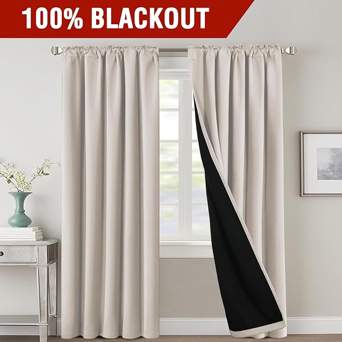 H.VERSAILTEX 100% Blackout Curtains for Bedroom with Black Liner Full Room Darkening Curtain 84 Inch Long Thermal Insulated Back Tab/Rod Pocket Window Treatment Drapes for Living Room, 2 Panels, Fog