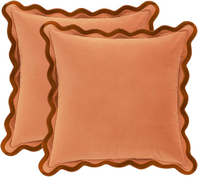 MONDAY MOOSE Decorative Throw Pillow Covers Cushion Cases, Set of 2 Soft Velvet Scalloped Wavy Edge Designs, Mix and Match for Home Decor, Pillow Inserts Not Included (20x20 inch, Rust/Coral)