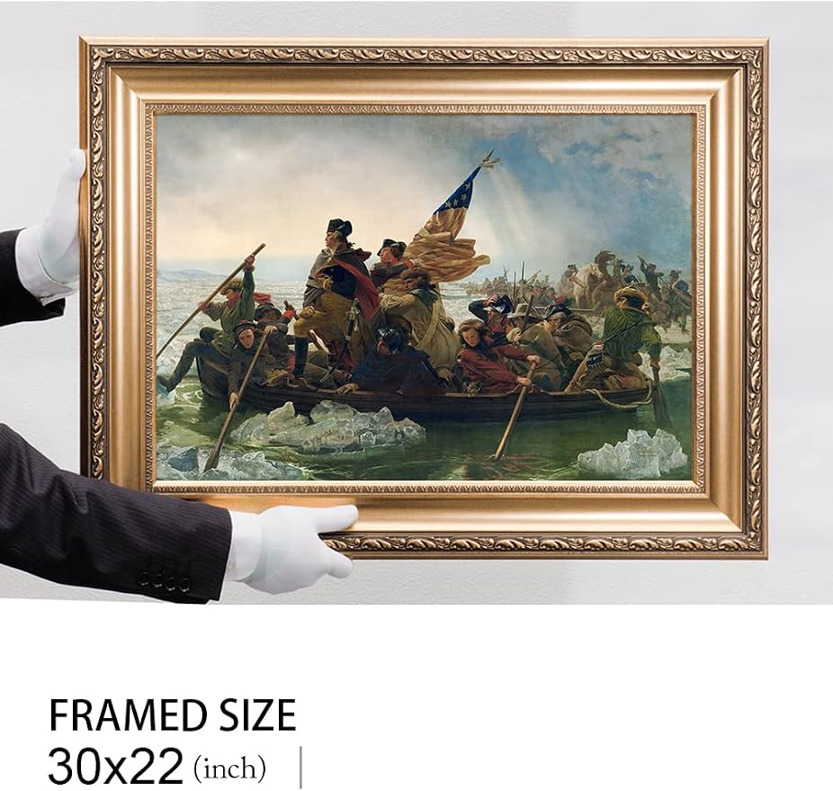 DECORARTS - Washington Crossing the Delaware by Emanuel Leutze, Giclee Print w/Golden Frame for Wall Decor. Picture Size: 24x16 Total Size w/Frame: 30x22 in