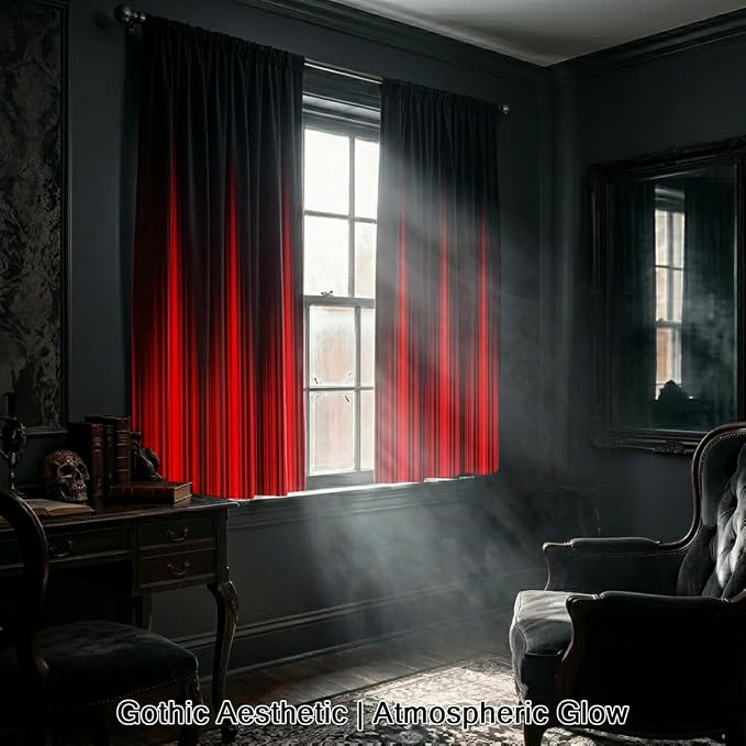 Coxila Red and Black Ombre Curtains, Gothic Dark Aesthetic Soft Fabric Window Drapes for Gaming Room, Goth Room Decor, 2 Panels, Rod Pocket, 42 x 63 Inch