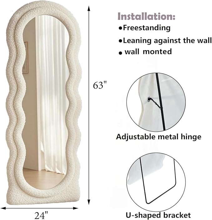 Dewfig Full Length Mirror, 63" x 24"Irregular Wavy Mirror, Large Floor Length Mirrors Wall Mounted, Standing Wavy Mirrors with Teddy Velvet Wrapped Wooden Frame for Bedroom/Living Room, White