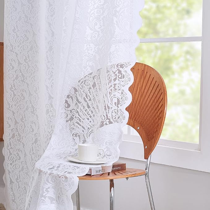 ALIGOGO White Short Lace Curtains 54 Inch Length for Small Window - Vintage Floral Sheer Lace Curtains for Nursery Bedroom, Embroidered Privacy Rod Pocket Light 2 Panles, 52 x 54 Inch, White