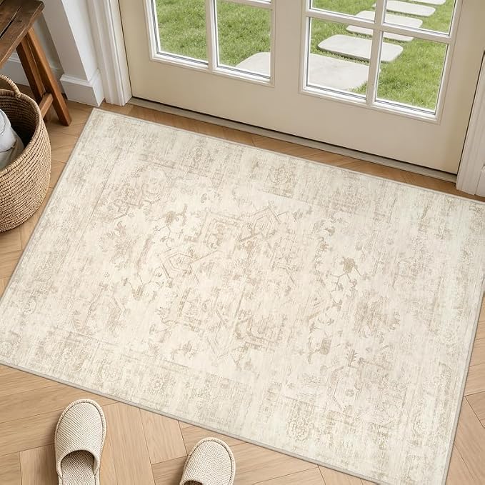 Machine Washable Area Rugs 2x3: Vintage Boho Neutral Washable Rug Indoor Soft Small Entryway Throw Carpet for Living Room Bedroom Kitchen Laundry Floor Non-Slip Low Pile Entrance Rug Beige/Brown