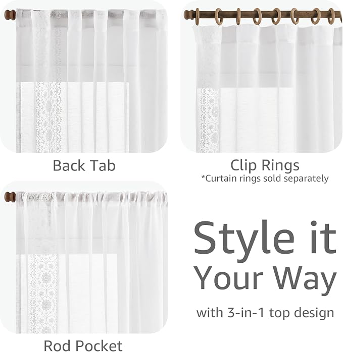 jinchan Weslie Floral White Sheer Curtains for Living Room 84 Inch Long Embroidered Voile Farmhouse Linen Curtains for Bedroom Bordered Flower Patterned Cottage Core Window Drapes 2 Panels Off White
