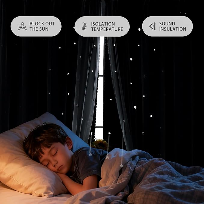 Black Out Curtains 102 Inch Length for Boy Bedroom 2 Panels Set, Privacy Boho Room Darkening Curtain for Glass Door, Thick Grommet Top Star Cutout Cute Kids Curtain (40" W x 102" L)