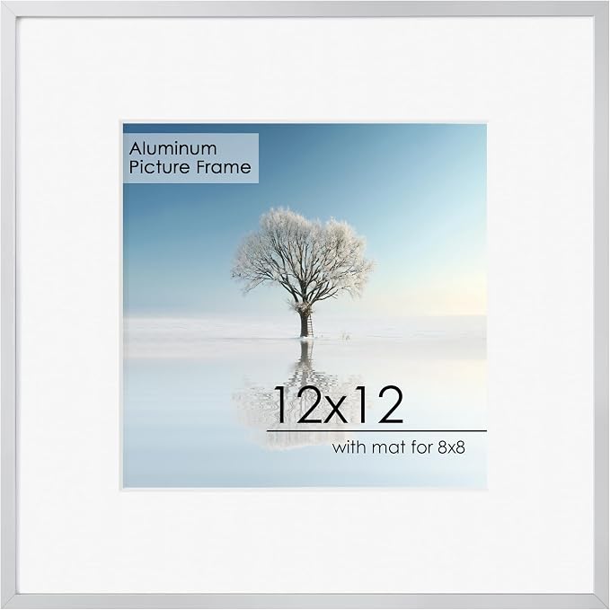 FLYJOE 12x12 Meta - Square Picture Frame With Plexiglass | Mat for 10x10 | Minimalist Modern Poster Frame | Horizontal & Vertical Hanging | Hardware Included | Silver