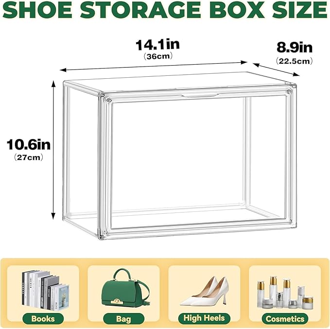 6 Pack Clear Shoe Box Size 15, X-Large Acrylic Purse Display Case with Magnetic Lid 14.1 x 8.9 x 10.6'' Transparent Storage Box for Shoes, Collectibles, Action Figures, Cosmetics, Craft Showcase