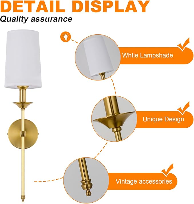 PASSICA DECOR Hardwired Wall Sconces Set of 2 Candle Gold Wall Light for Bedroom Living Room Vanity Hallway Farmhouse Wired Bathroom Sconce