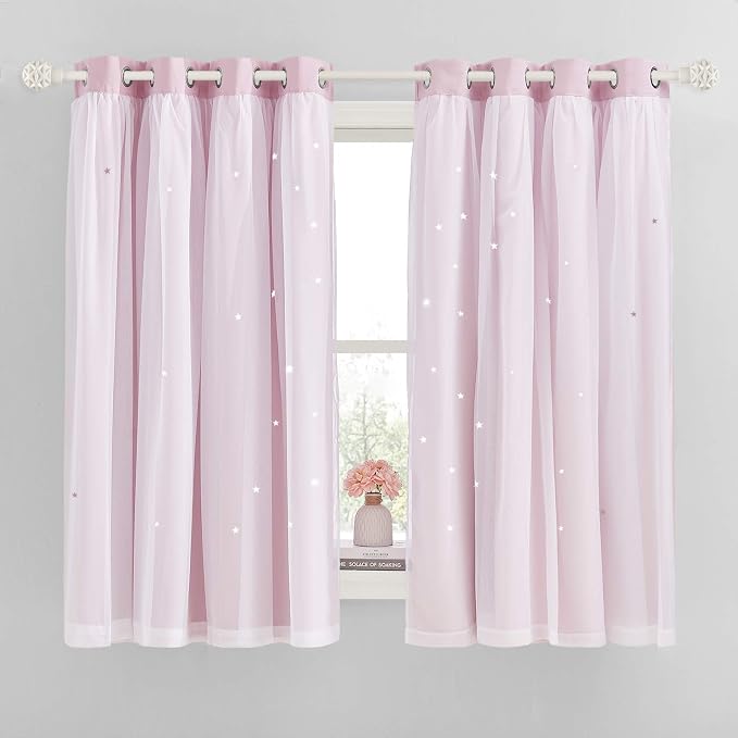 NICETOWN Pink Kids Curtains for Girls Bedroom, Nursery Star Hollow Out Blackout and Sheer Window Treatments with Grommet Top for Thanksgiving, 52 x 63 inches, Lavender Pink, Set of 2