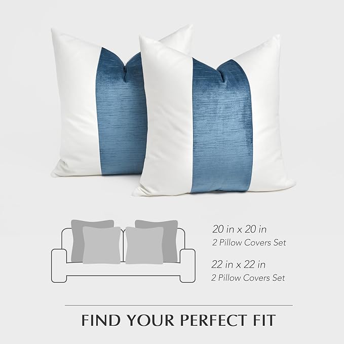 EVERGRACE x Kinsey Walsh Signature Velvet Panel Cotton Pillow Covers Set of 2, Decorative Pillow Covers 20"x20" for Couch, Square Cushion Cases for Sofa Bedroom Living Room, Blue Topaz