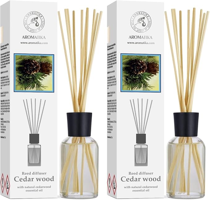 Cedarwood Reed Diffuser 3.4 Fl Oz - Scented Reed Diffuser Gift Set - Best for Aromatherapy - Home - Room Air Fresheners - Cedarwood Essential Oil - by Aromatika (Pack of 2)