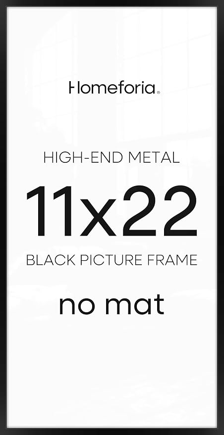 Homeforia 11x22 Black Newspaper Frame, High End Metal 11 x 22 Picture Frame without Mat, 22x11 Thin Black Poster Frames for Wall, 11by22 inches Display Photo Frames, Tempered Glass, Wall Kit, Set of 2