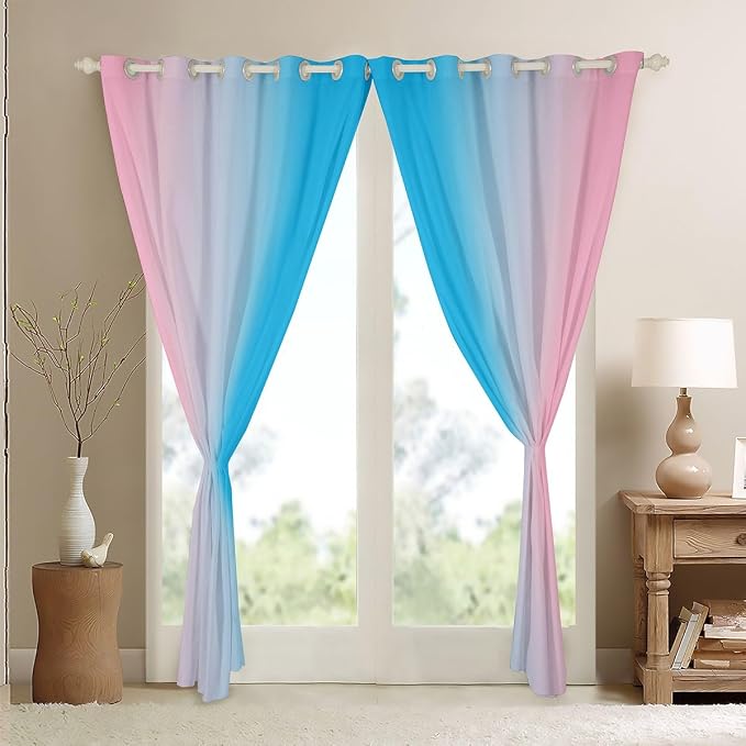 jejeloiu Blue Curtains for Bedroom Living Room for Kids Ombre Pink Blackout Curtains (2 Panels, 52 x 84 Inch) Gradient Style Darkening Drapes Decor Abstract Art Window Treatments