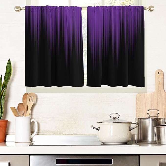 AAtter Purple and Black Kitchen Curtains, Ombre 27.5" W x 36" L, 2 Panels | Dark Gothic Rod Pocket, Plum Abstract Moody Style, Witchy Modern Anime Design, Small Short Bathroom Window Tiers for Women