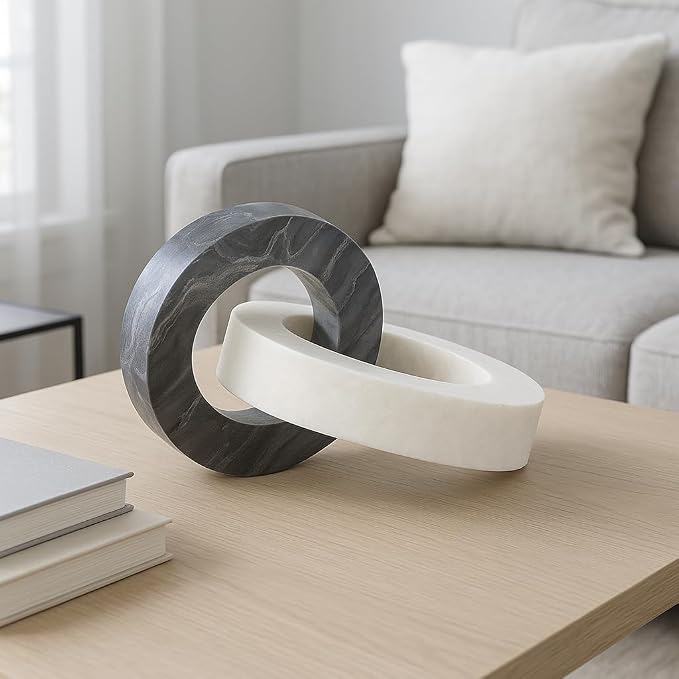 Home Decor and Bathroom Decor Marble Double Ring – Modern Shelf Sculpture and Office Accents for Room Styling – Coffee Table Ornaments and Living Room Decor Statues Design – 6", White & Black