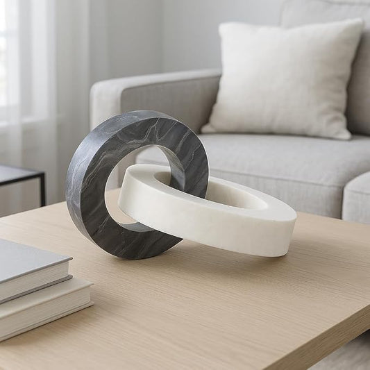 Home Decor and Bathroom Decor Marble Double Ring – Modern Shelf Sculpture and Office Accents for Room Styling – Coffee Table Ornaments and Living Room Decor Statues Design – 6", White & Black