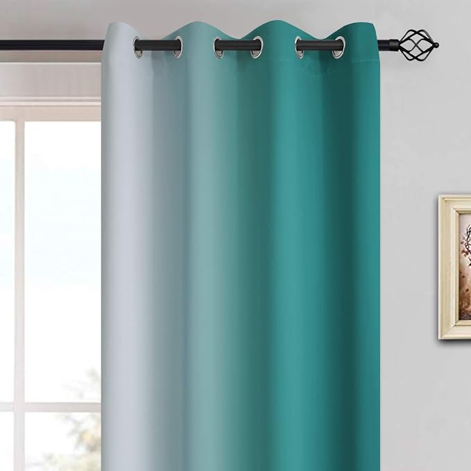 Yakamok Ombre Curtains Teal and Greyish White for Living Room,52Wx63L | Room Darkening Curtains 63,Thermal Insulated Gradient Color Drape,Light Blocking Grommet Window Curtains for Bedroom,2 Panels