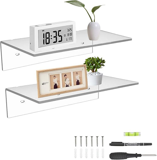 Sezanrpt 12 Inches Acrylic Wall Shelves 2 Pack, Floating Shelf for Wall Mounting, Acrylic Display Ledges for Funko Pop Figures, Home Décor, Living Room, Gaming Room, Plants(12 inch, Clear)