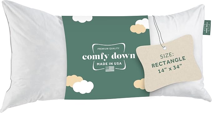 ComfyDown 14x34 Throw Pillow Insert, Down & Feather Fill, 100% Cotton Cover, Made in USA – Premium Soft Lumbar Decorative Pillow Form Sham Stuffer for Bed, Sofa & Couch
