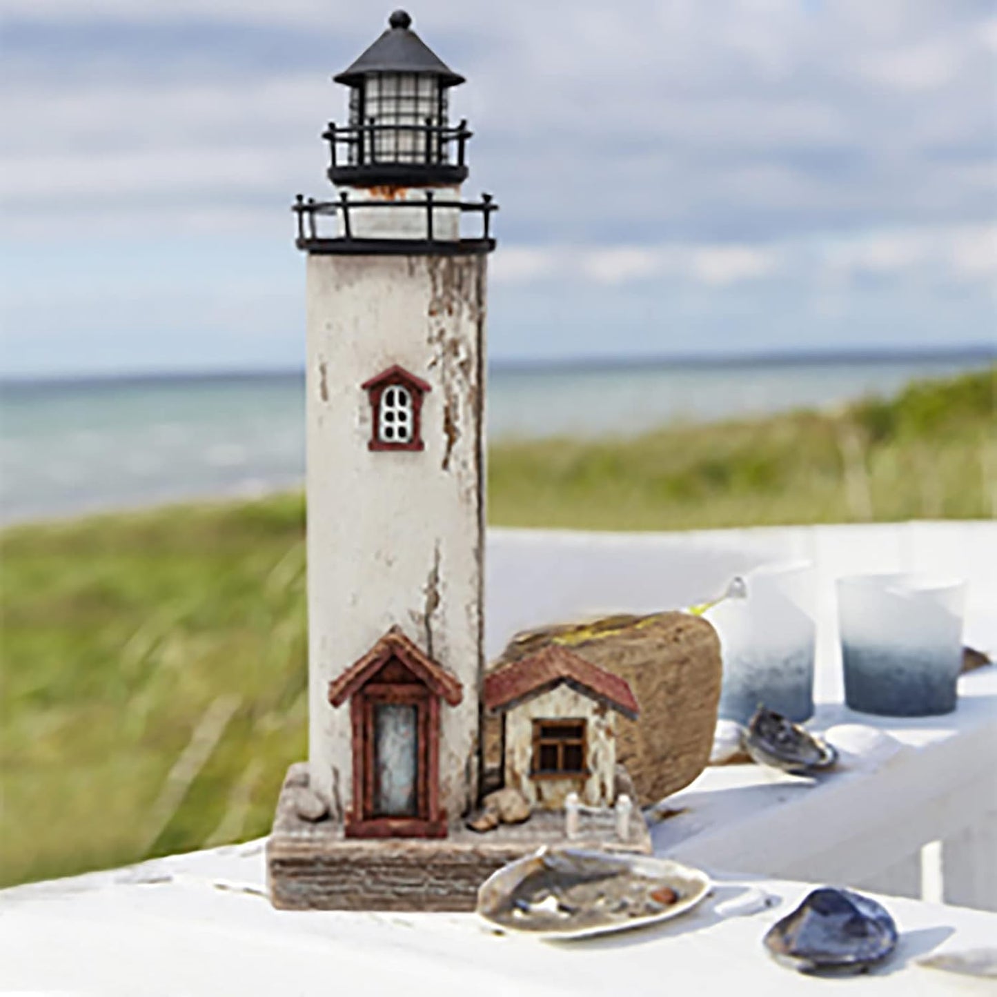 Linfevisi Wood Lighthouse Decor Rustic LED Light House Decor Wooden Decorative Nautical Lighthouse Statue Coastal Beach Themed Lighthouse Handcrafted Tabletop Decoration Home Bathroom (12")