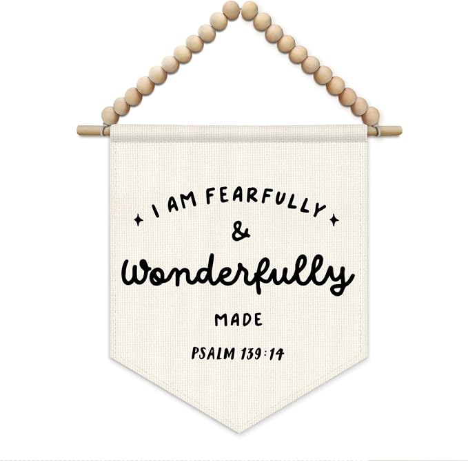 SJDFCSA Christian Nursery Wall Art Decor, Kids Room Decor, I Am Fearfully and Wonderfully Made Bible Verse Boho Wall Hanging Display Pennant Flag for Kids Boy Girl Nursery Room Bedroom Playroom