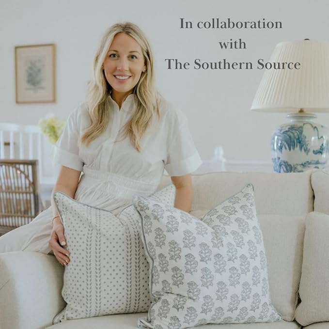 CPC 100% Cotton Throw Pillow Covers 20x20 Inch, Set of 2 Block Print Pattern Couch Pillow with Hidden Zipper, in Collabaration with Southern Source- Misty Grey Floral