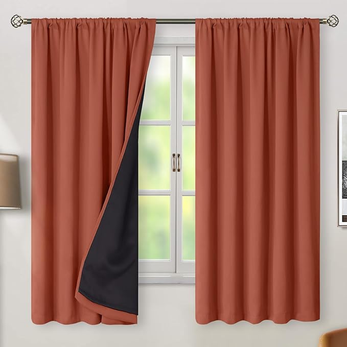 BGment 100% Blackout Curtains 63 Inch Length with Liner, Room Darkening Thermal Insulated Double Layer Noise Cancelling Rod Pocket and Back Tab Curtains for Bedroom, 52 x 63 Inch, 2 Panels, Terracotta