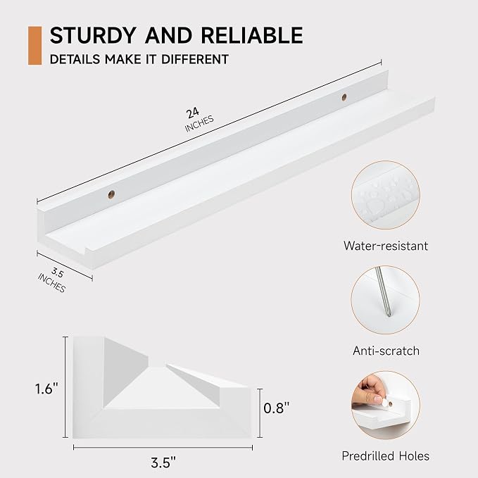 Fun Memories Picture Ledge Shelf, 24 Inch Floating Shelves Set of 2, Nursery Book Shelves for Toys Storage, Kids Bookshelf Wall Mounted for Wall Decor Books Photo Frames, White