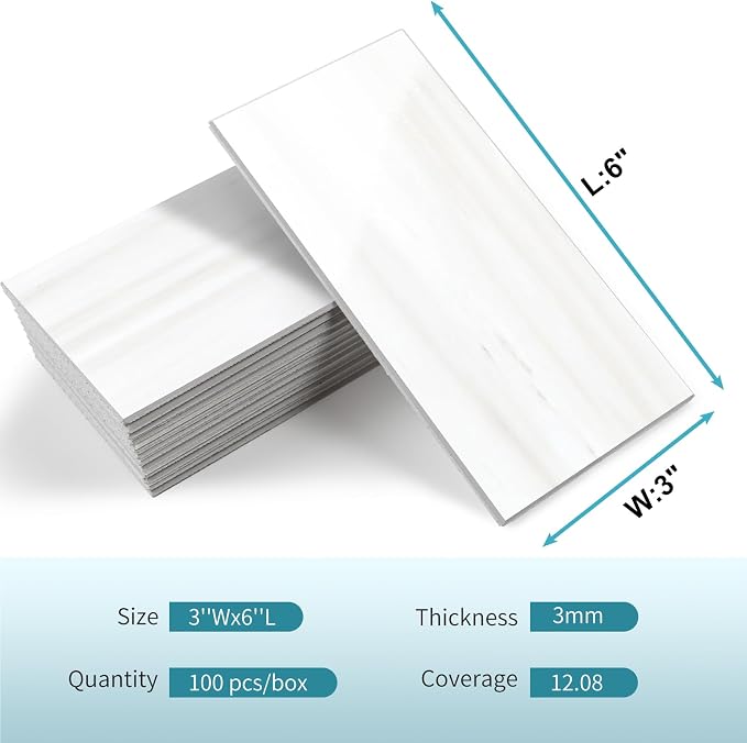 Vamos Tile 4-Piece Glossy Dolomite White Peel and Stick Backsplash Tile,3''x6'' PVC Subway Tile with White Grout, Stick on Backsplash for Kitchen/Bathroom/Fireplace