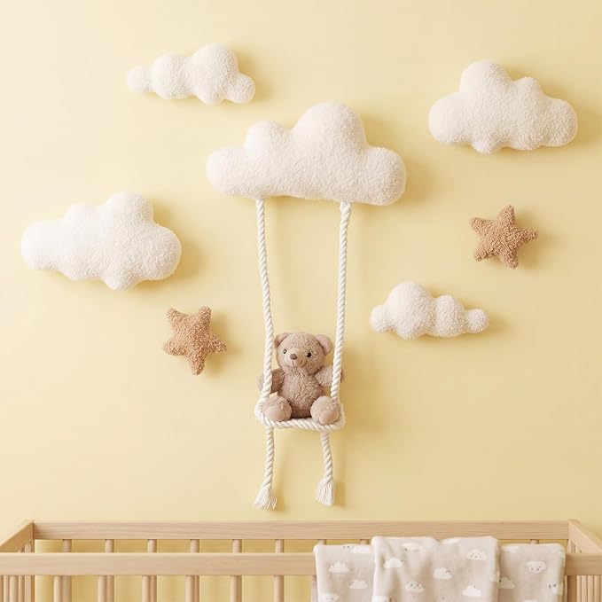 Chumia 7 Pcs Teddy Bear Nursery Wall Decor Swing Teddy Bear Nursery Wall Art with Clouds Star Soft Plush Baby Room Decor Gender Neutral for Bedroom Playroom Decoration