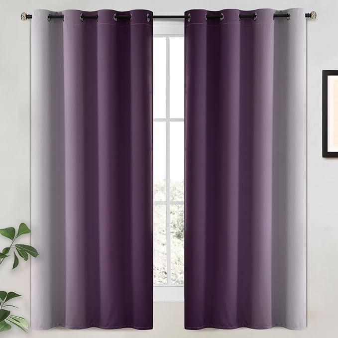 Yakamok 100% Blackout Curtains Ombre Purple Curtains for Bedroom 63 Inch | 2 Layers,Room Darkening Grommet Gradient Drapes,Light Blocking Thermal Insulated Window Curtains for Living Room 52W x 63 L