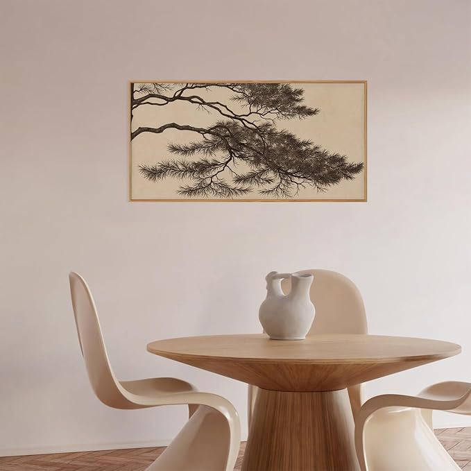 LHIUEM Large Vintage Pine Tree Branch Framed Canvas Wall Art,Sketch Botanical Wall Decor,Nature Plant Artwork,Brown Antique Etching Art Prints for Living Room,Bedroom,Ofiice-20 x40 x1