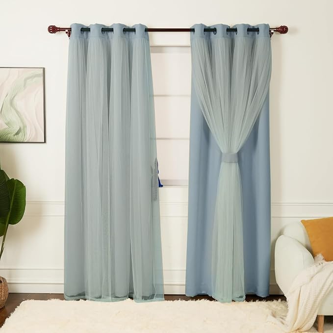 INLINAS 52 x 108 Inch Blackout Curtains with Sheer Overlay - Grommets Thermal and Noise Reduction Panels for Bedroom and Living Room Light Blocking and Energy Saving, Sky Blue, Set of 2