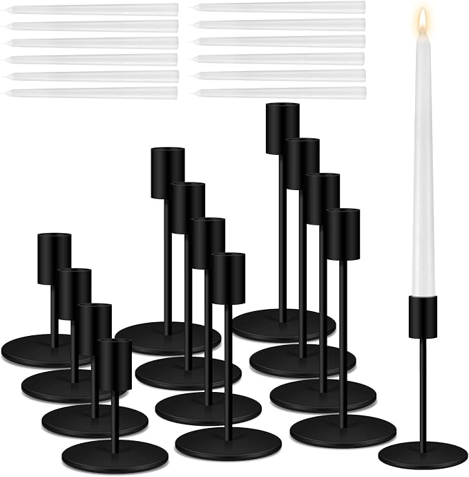 12 Set Candle Holders Bulk with 10'' Dripless Taper Candles 3.3'' 5.5'' 6.3'' Metal Candlestick Holders Vintage Modern Decorative Table Centerpiece for Wedding Birthday Home Decor (Black)