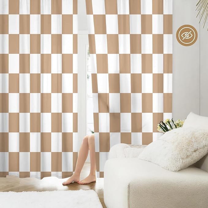Beige Checkered Curtains for Bedroom,Rod Pocket Brown and White Semi Sheer Curtains Farmhouse Retro Checkerboard Light Filtering Drapes for Living Room,Set of 2 Window Curtain Panels,52 x 84 Inch