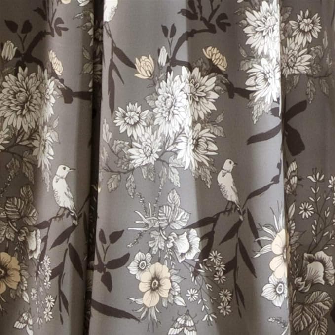 Lush Decor Botanical Garden Curtains Floral Bird Print Light Filtering Window Panel Drapes Set for Living, Dining, Bedroom (Pair), Gray, 52"W x 95L"