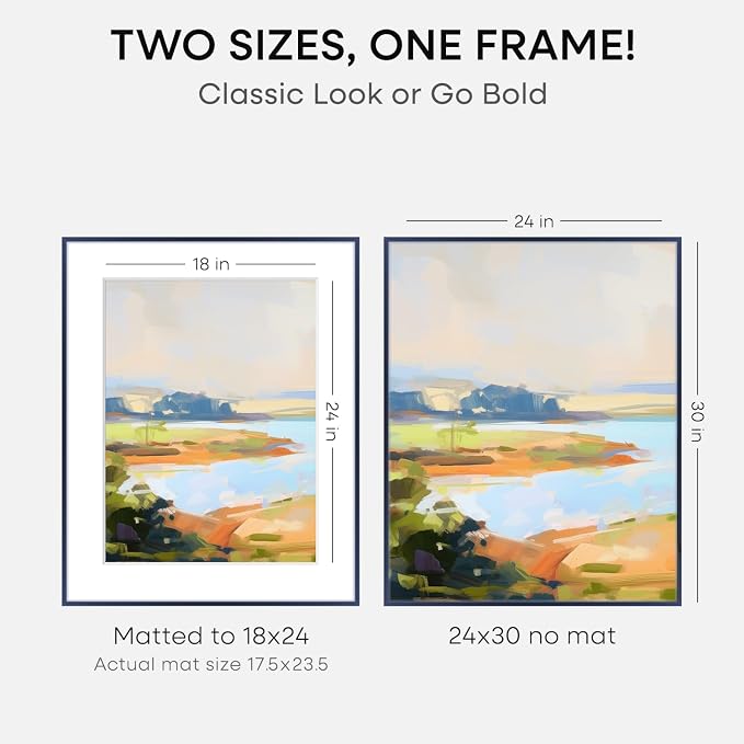 Homeforia 24x30 Frame Navy Blue, High End Metal 24x30 Picture Frames with Mat 18x24 Photo, 24 x 30 Thin Navy Blue Poster Frame Matted to 18 by 24, 30x24 Large Frame, Tempered Glass, Wall Kit, Set of 2