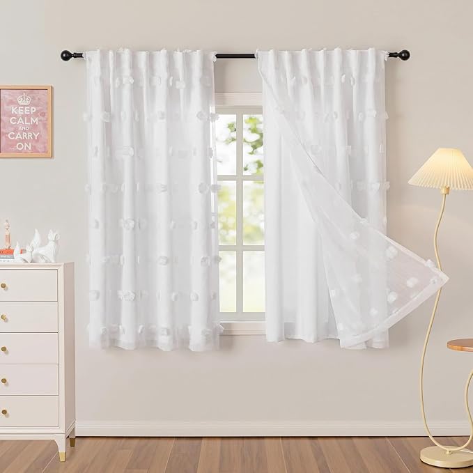 MYSKY HOME White Curtains for Bedroom 54 Inch Long Double Layer Nursery Curtain for Kids Room White Pom Pom Sheer Light Filtering Privacy Protect Window Drapes Back Tab 2 Panels, 52 x 54 Inch