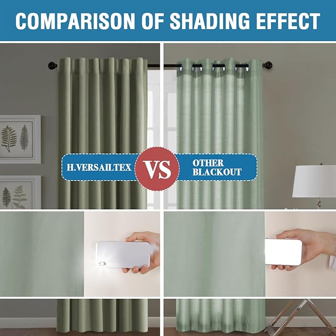 H.VERSAILTEX 100% Blackout Curtains for Bedroom with Black Liner Full Room Darkening Curtain 84 Inch Long Thermal Insulated Back Tab/Rod Pocket Window Treatment Drapes for Living Room, 2 Panels, Sage