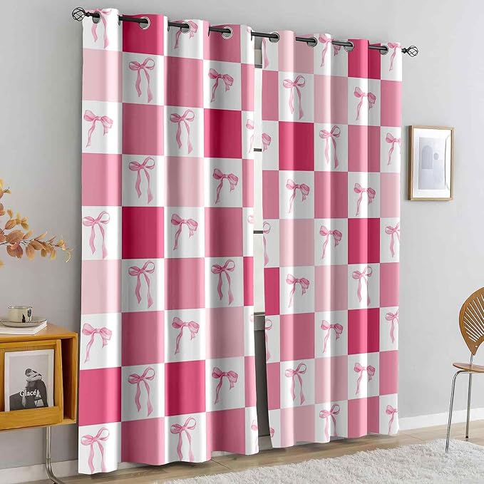 LUVIVIHOME Pink Bow Blackout Curtains, Buffalo Plaid Curtains for Girls Bedroom Living Room, Aesthetic Bowknot Girly Cute Preppy Coquette Room Decor, Grommet Window Drapes 2 Panel Sets, 42x84 Inch