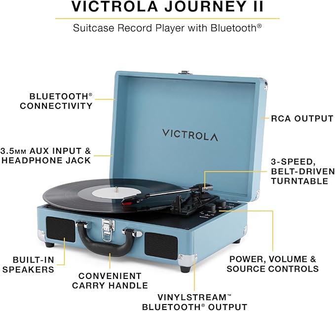 Victrola Journey II (2025 Model) – Bluetooth Suitcase Record Player – Built-in Stereo Speakers with Enhanced Bass, 3-Speed Turntable, Bluetooth Input and Output, RCA & Headphone Outputs (Green)