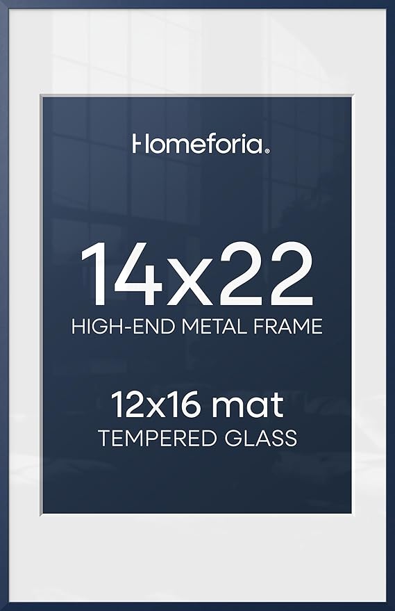 Homeforia 14x22 Picture Frame Navy Blue, High End Metal 14x22 Poster Frames with Mat 12x16 inch Photo, 14 x 22 Navy Blue Frame Matted to 12 by 16 Print, 22x14 Frame, Tempered Glass, Wall Kit, Set of 2