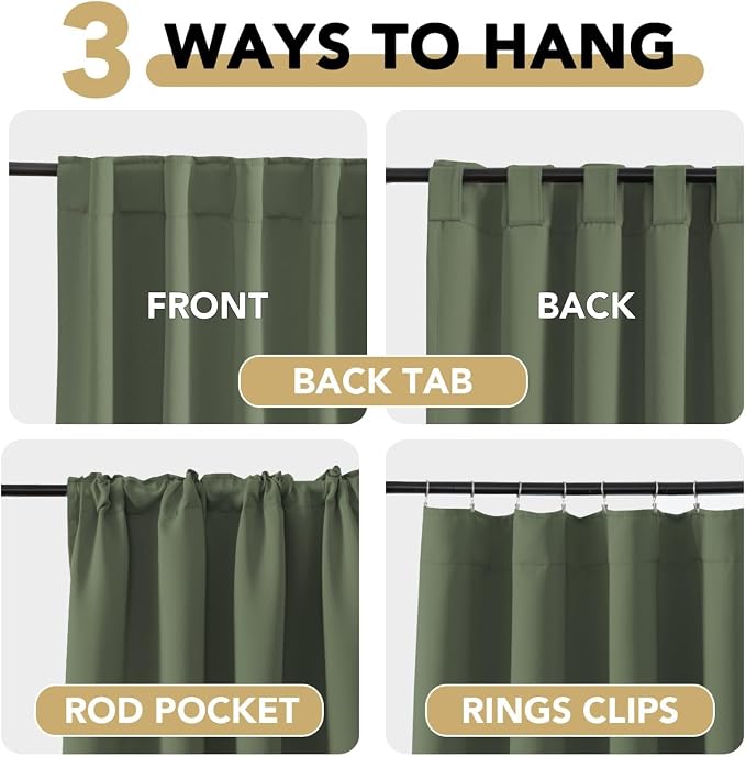 H.VERSAILTEX Back Tab Dark Green Curtains 102 Inch Long for Living Room, Rod Pocket Room Darkening Thermal Insulated Blackout Curtains, 52 x 102 Inch, Bronze Green, 2 Panels