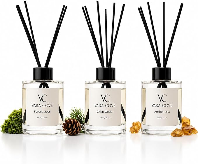 Reed Diffuser Set 3 Pack Premium Reed Diffusers Amber, Cedar & Moss Scents Long Lasting Home Fragrance Gift Set for Bathroom, Office & Home