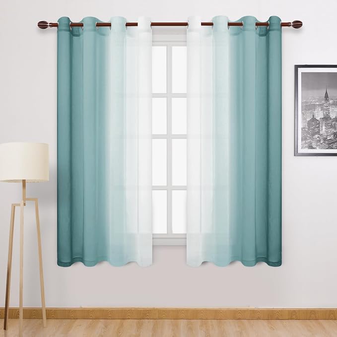 DWCN Faux Linen Ombre Sheer Curtains - Short Gradient Semi Voile Panels for Kitchen and Living Room, Set of 2 Grommet Top Window Curtains, W52 x L54 Inches, Peacock Blue